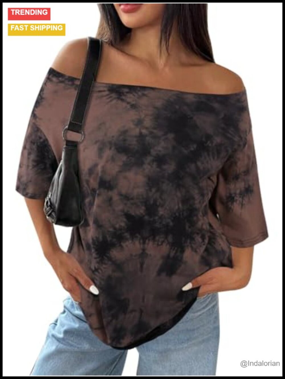 Oversized Tie Dye Off the Shoulder T-Shirt Wide Boat Neck Drop Shoulder